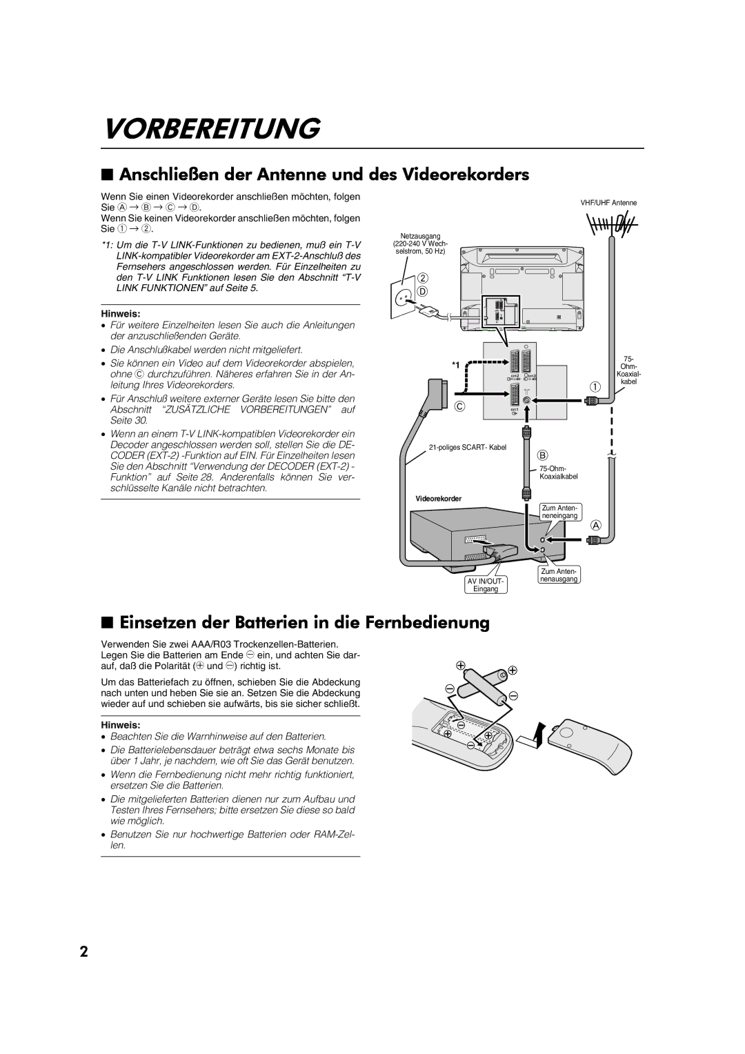 JVC AV28CT1EP Vorbereitung, Anschließen der Antenne und des Videorekorders, Einsetzen der Batterien in die Fernbedienung 