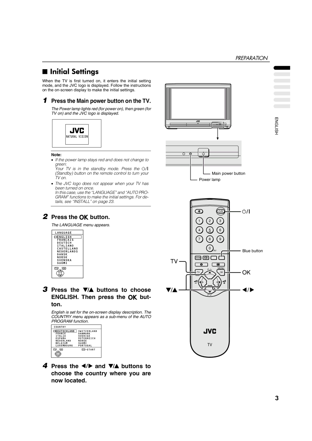 JVC AV28CT1EP manual Initial Settings, Press the Main power button on the TV, Press the abutton 