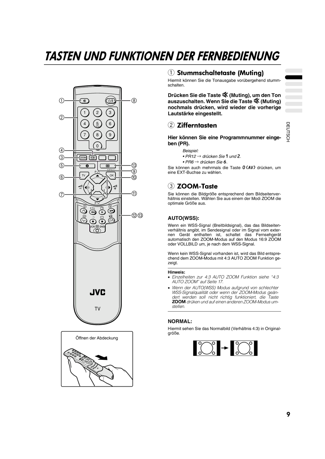 JVC AV28CT1EP manual Stummschaltetaste Muting, Zifferntasten, ZOOM-Taste, Hier können Sie eine Programmnummer einge- ben PR 