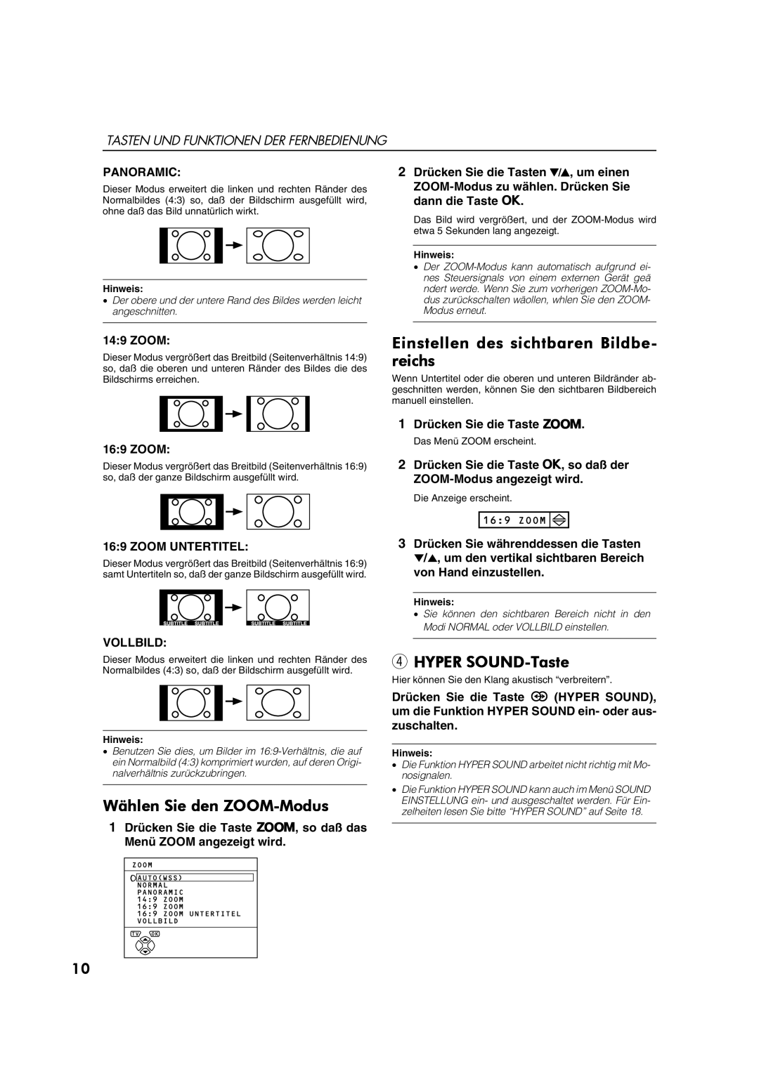 JVC AV28CT1EP Wählen Sie den ZOOM-Modus, Einstellen des sichtbaren Bildbe- reichs, Hyper SOUND-Taste, Zoom Untertitel 