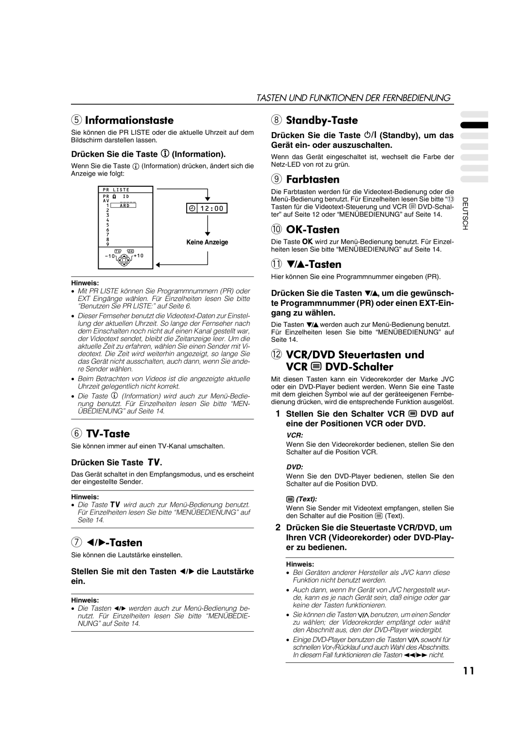 JVC AV28CT1EP manual Informationstaste, Standby-Taste, Farbtasten, OK-Tasten, TV-Taste 