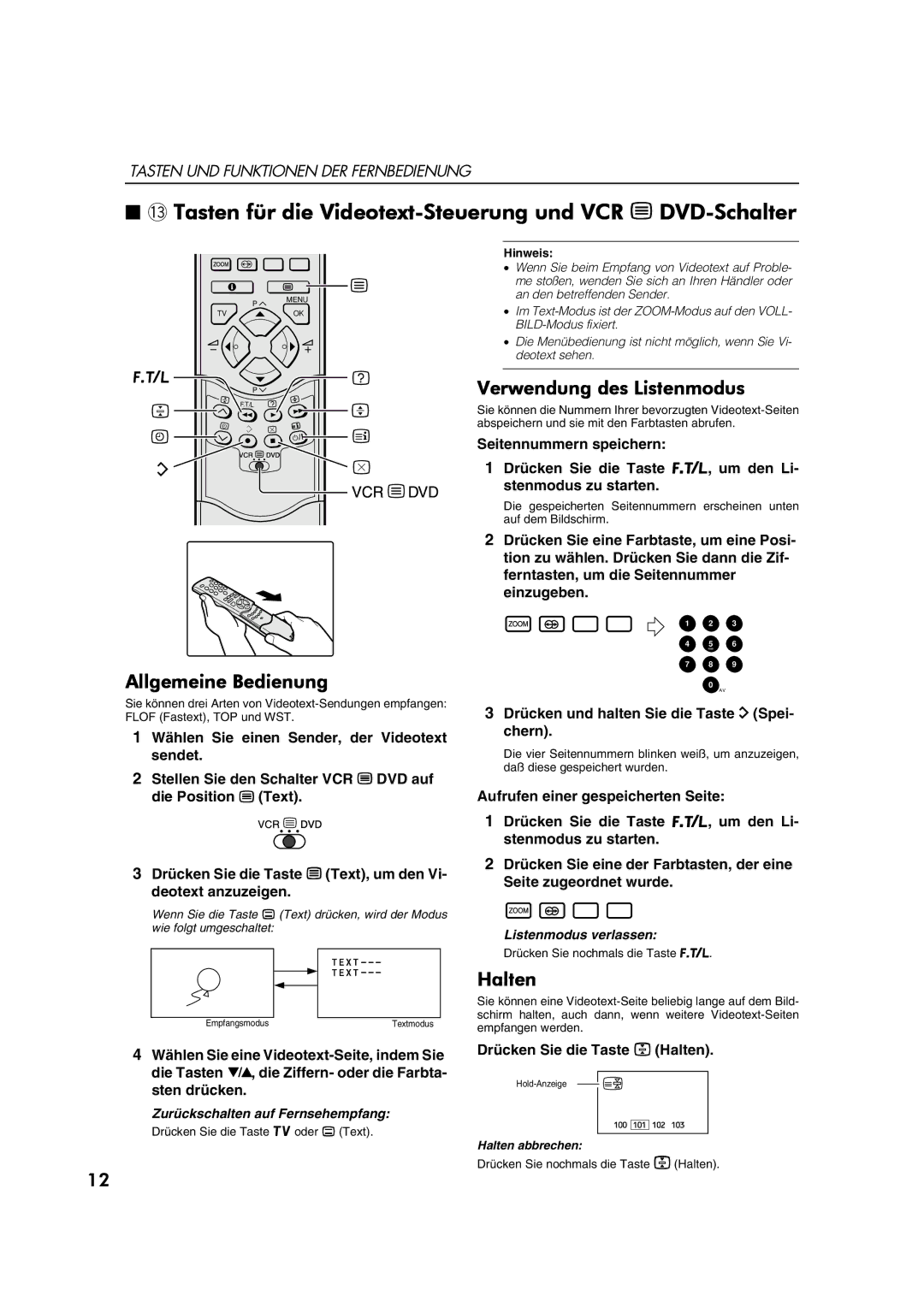 JVC AV28CT1EP manual ~ Tasten für die Videotext-Steuerung und VCR P DVD-Schalter, Allgemeine Bedienung, Halten 