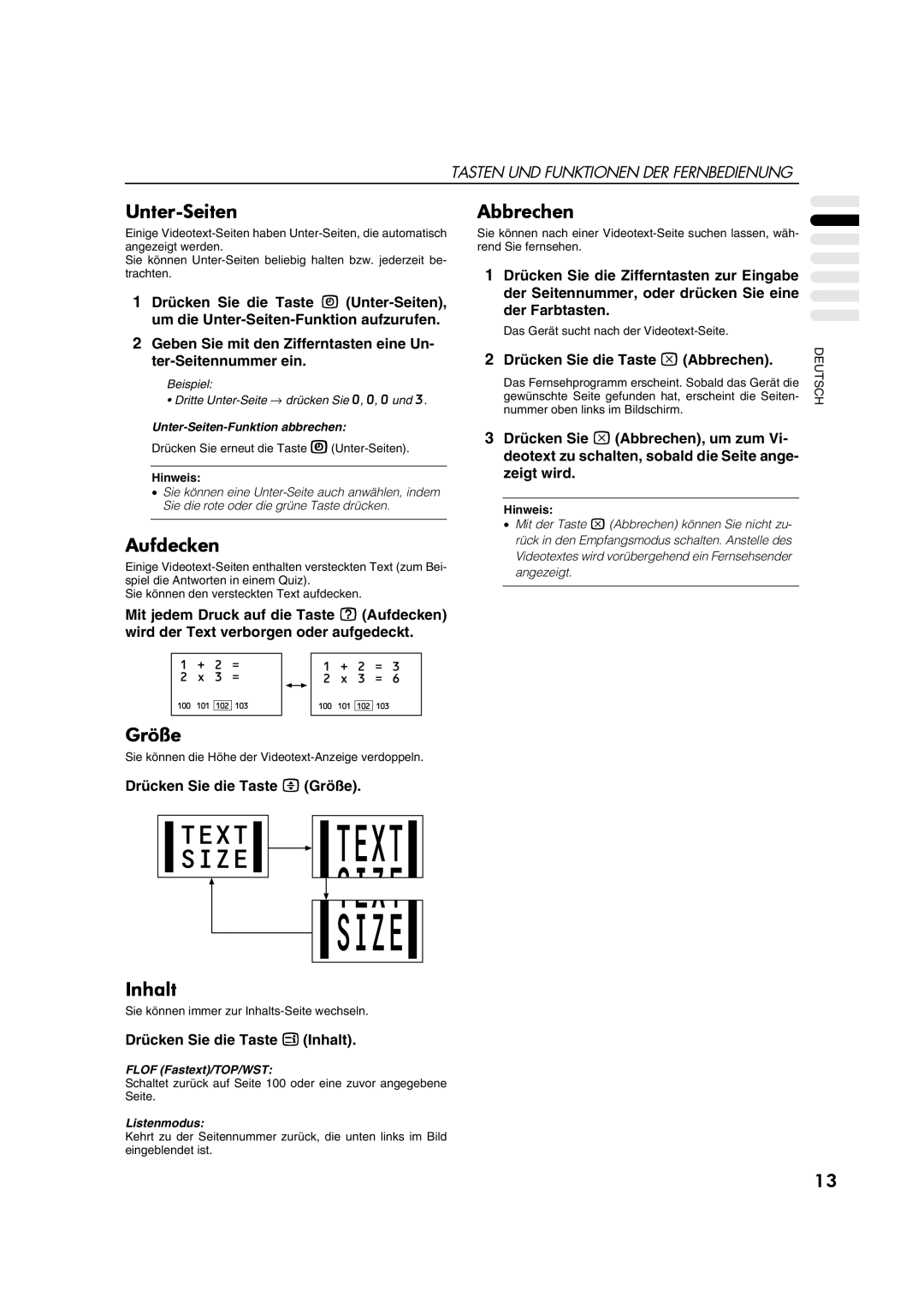 JVC AV28CT1EP manual Unter-Seiten, Aufdecken, Abbrechen, Größe, Inhalt 