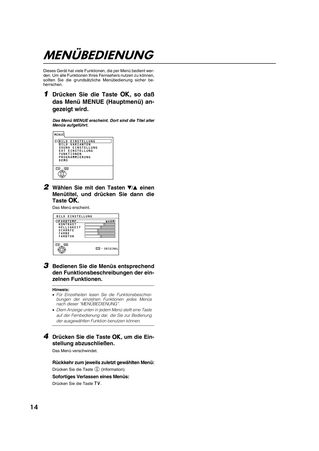 JVC AV28CT1EP manual Menübedienung, Drücken Sie die Taste a, um die Ein- stellung abzuschließen 