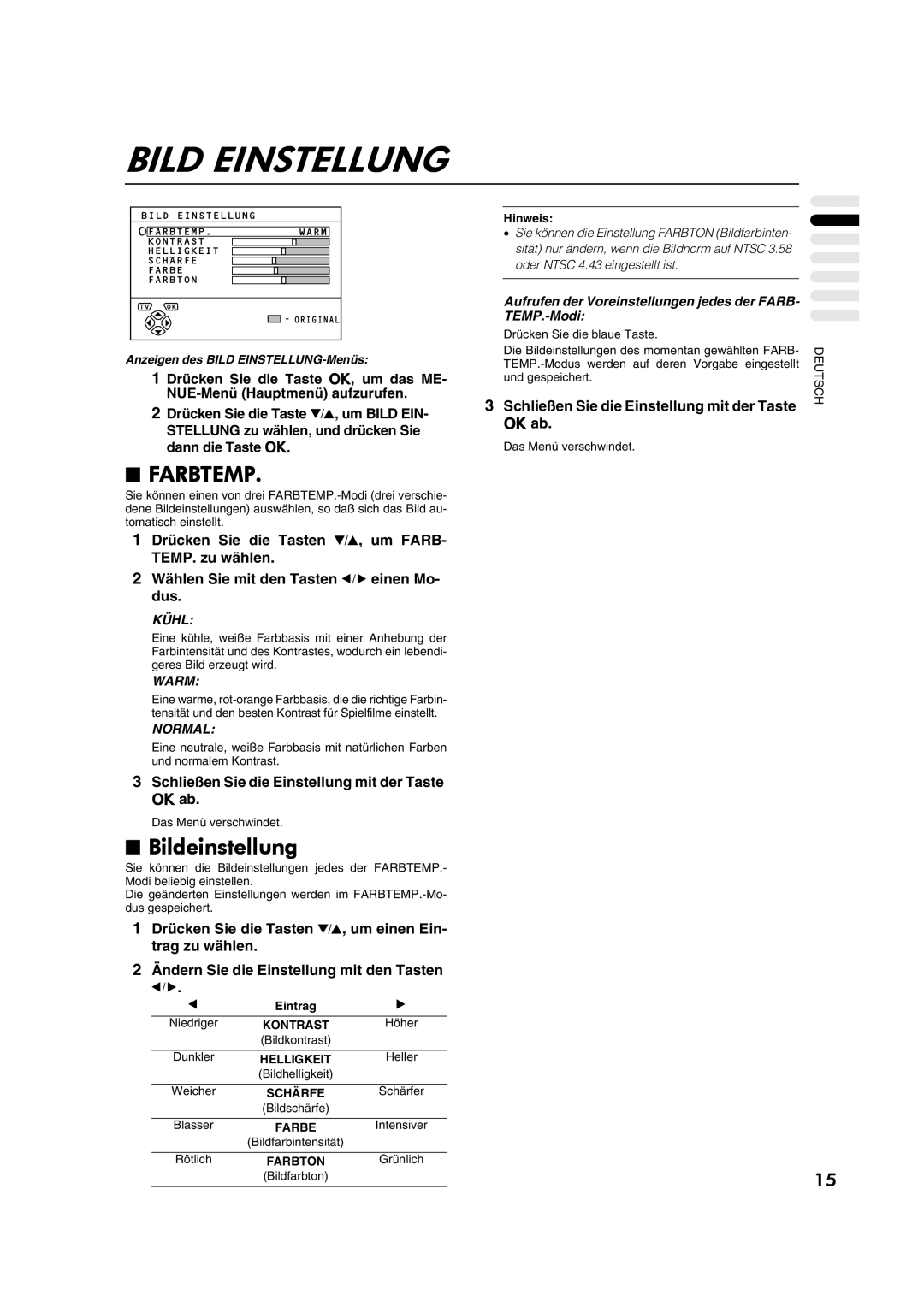 JVC AV28CT1EP manual Bild Einstellung, Farbtemp, Bildeinstellung, Schließen Sie die Einstellung mit der Taste aab 