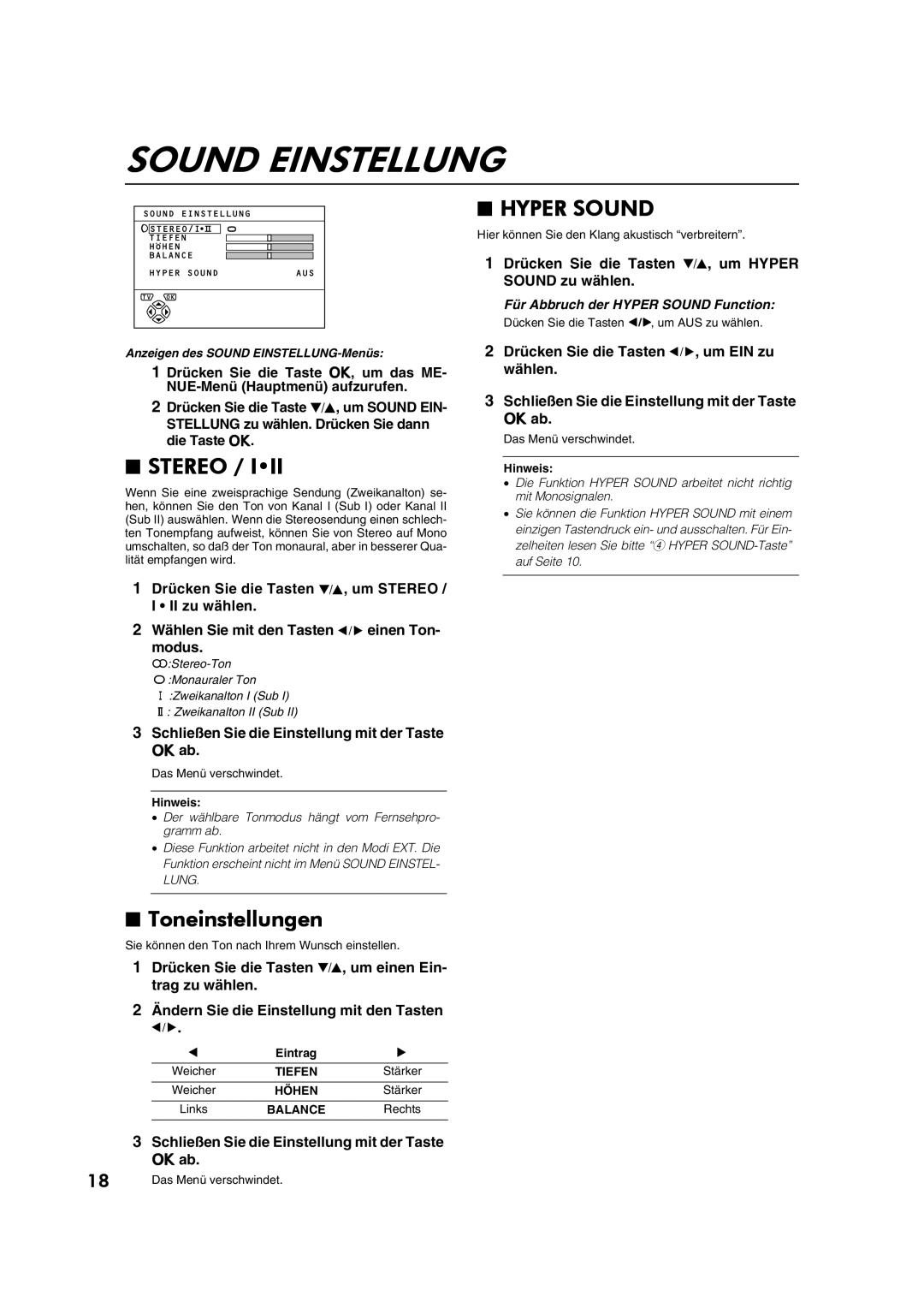 JVC AV28CT1EP manual Sound Einstellung, Toneinstellungen, Drücken Sie die Tasten 6, um Hyper Sound zu wählen 