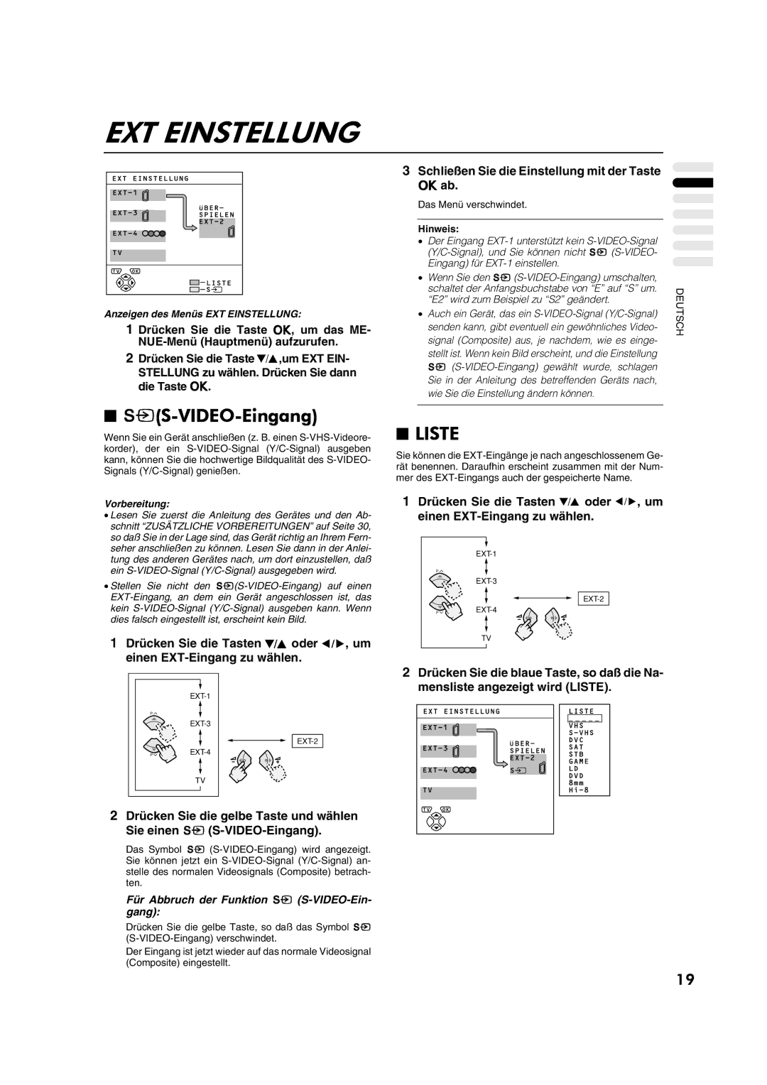 JVC AV28CT1EP manual EXT Einstellung, YS-VIDEO-Eingang, Liste, Für Abbruch der Funktion y S-VIDEO-Ein- gang 