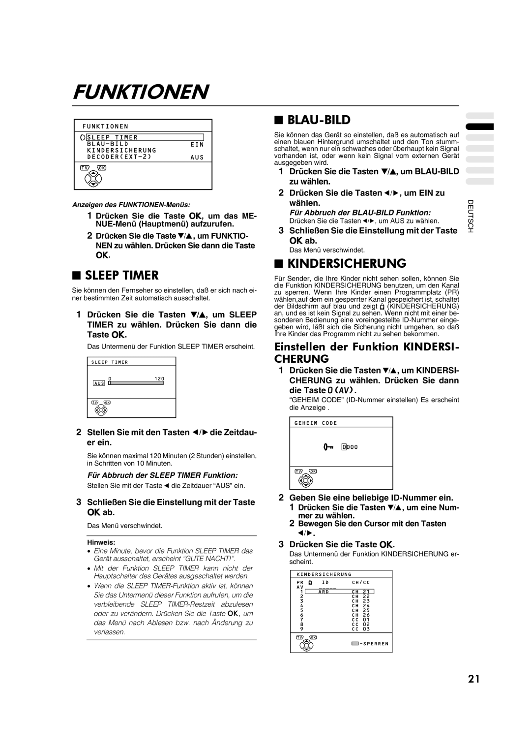 JVC AV28CT1EP manual Funktionen, Blau-Bild, Kindersicherung, Einstellen der Funktion Kindersi, Cherung 