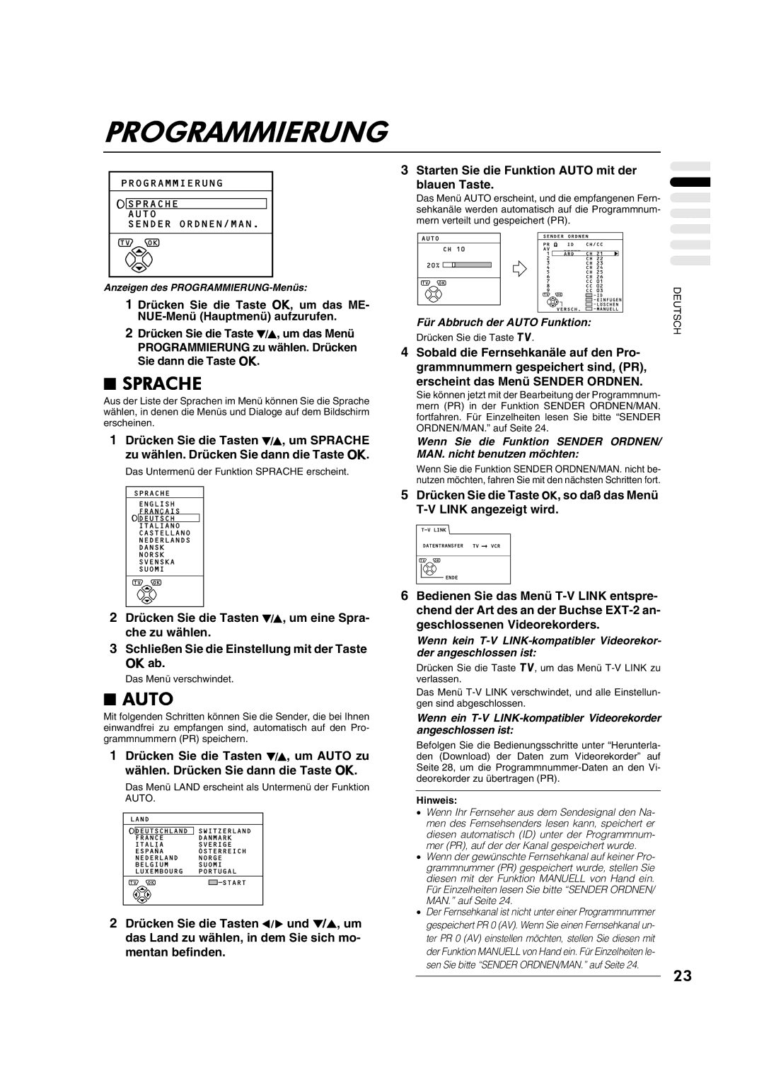 JVC AV28CT1EP manual Programmierung, Sprache, Starten Sie die Funktion Auto mit der blauen Taste 