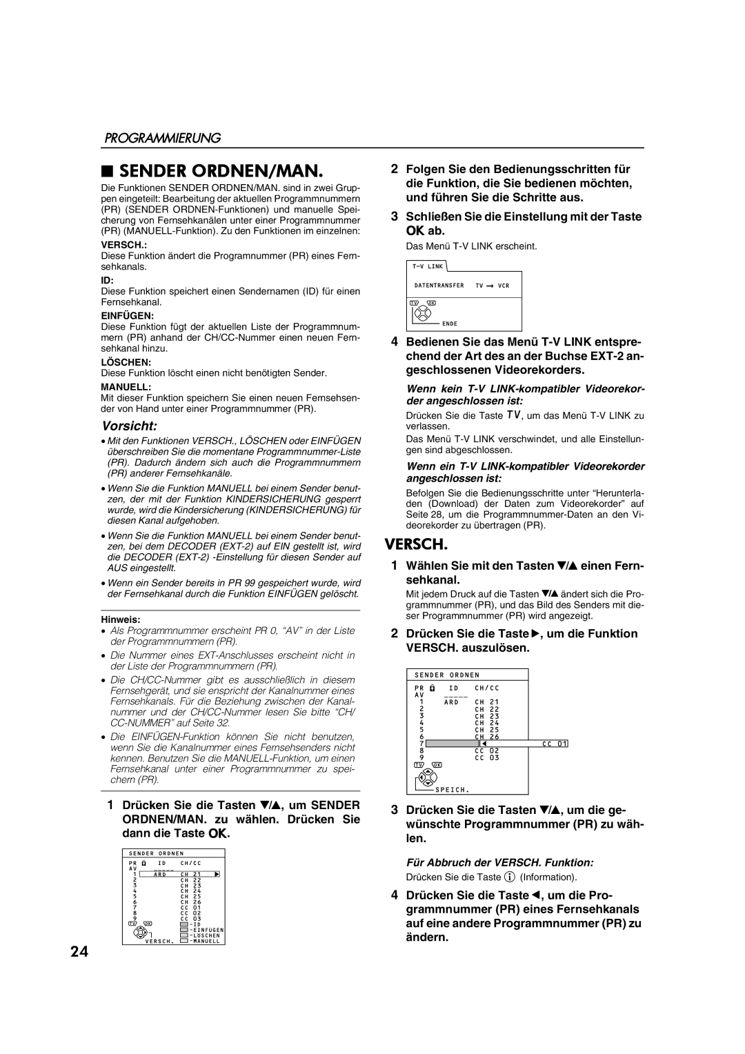 JVC AV28CT1EP manual Sender ORDNEN/MAN, Versch, Für Abbruch der VERSCH. Funktion 