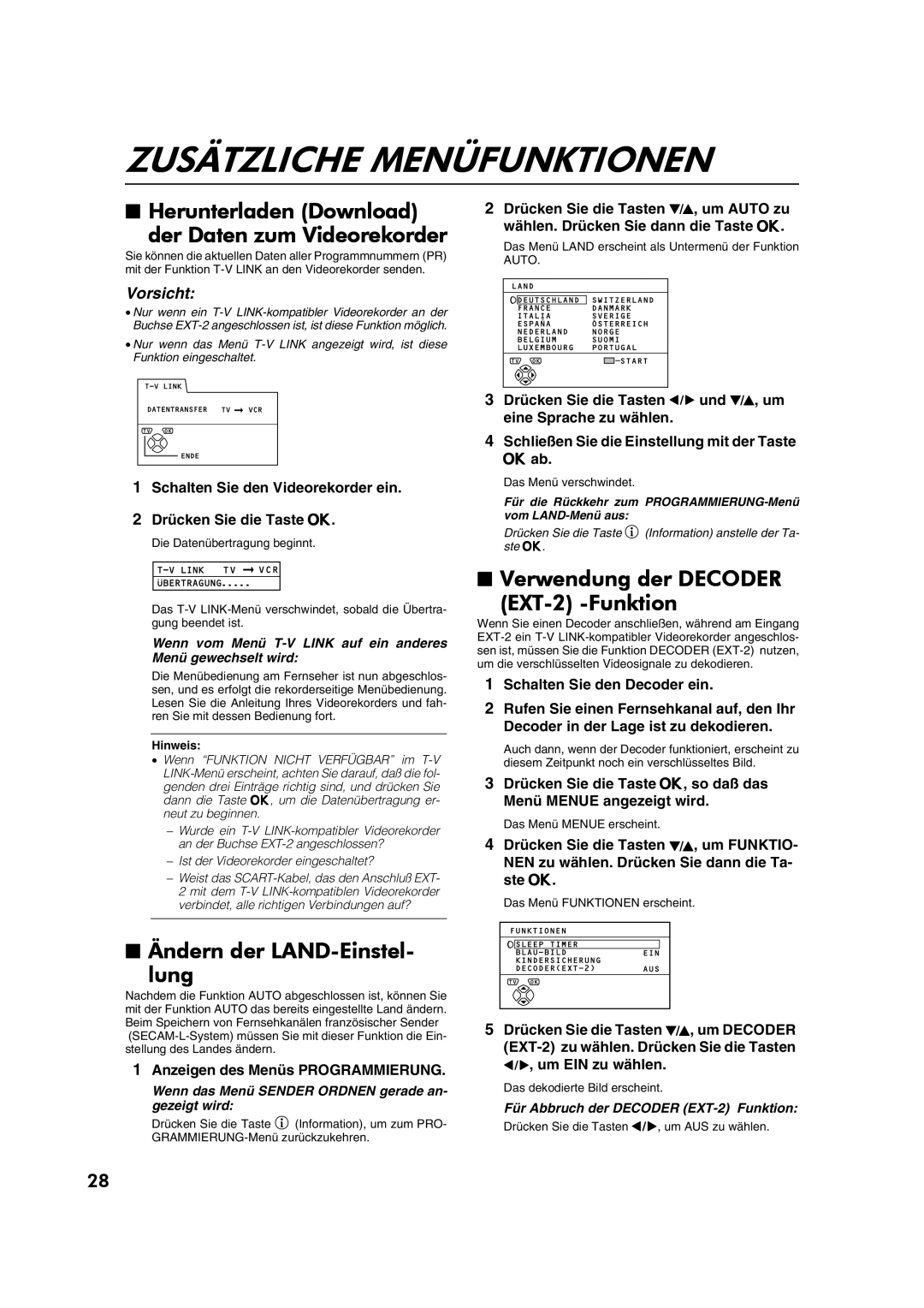 JVC AV28CT1EP Zusätzliche Menüfunktionen, Herunterladen Download Der Daten zum Videorekorder, Ändern der LAND-Einstel Lung 