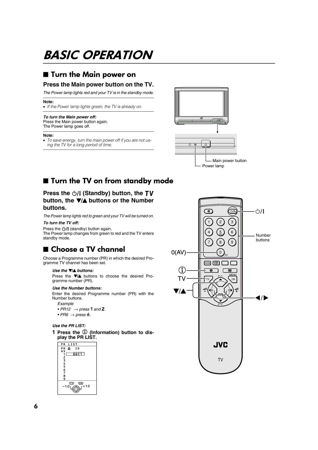 JVC AV28CT1EP manual Basic Operation, Turn the Main power on, Turn the TV on from standby mode, Choose a TV channel 