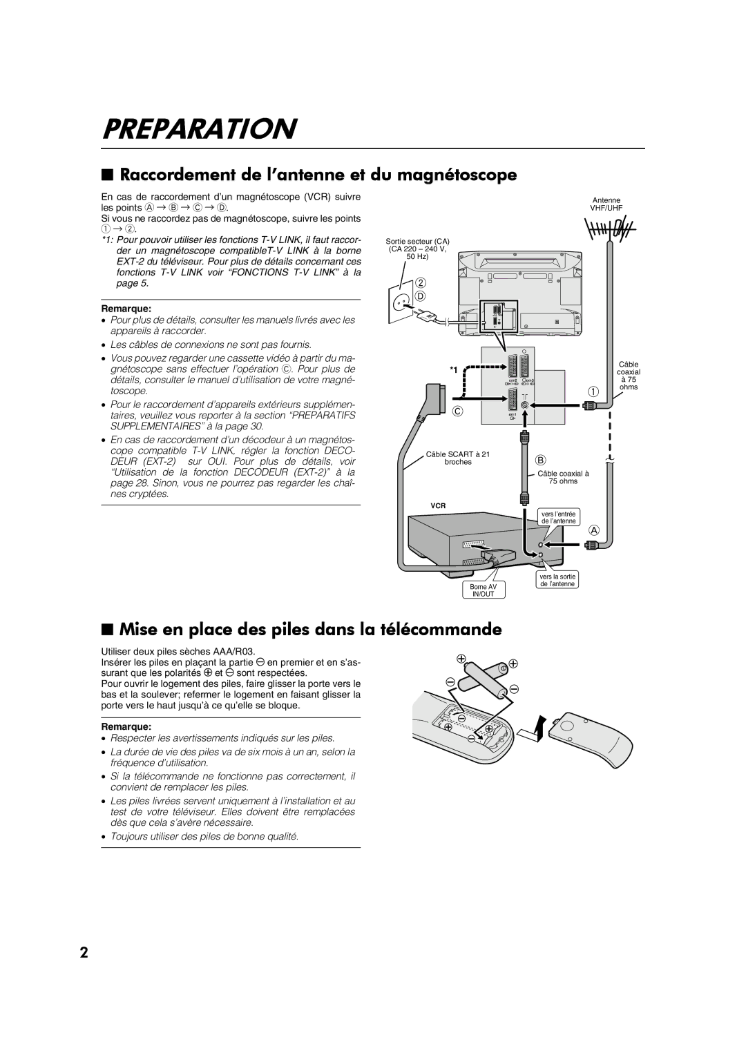 JVC AV28CT1EP manual Raccordement de l’antenne et du magnétoscope, Mise en place des piles dans la télécommande 