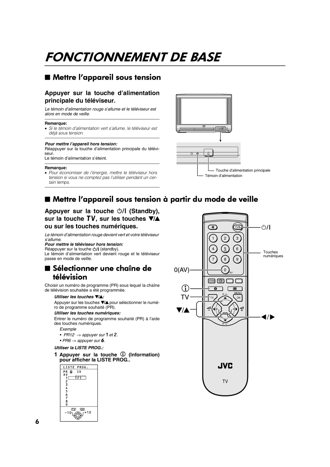 JVC AV28CT1EP manual Fonctionnement DE Base, Mettre l’appareil sous tension, Sélectionner une chaîne de Télévision 