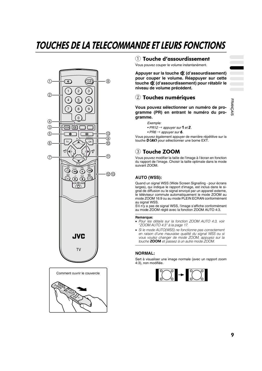 JVC AV28CT1EP manual Touche d’assourdissement, Touches numériques, Touche Zoom, Auto WSS 