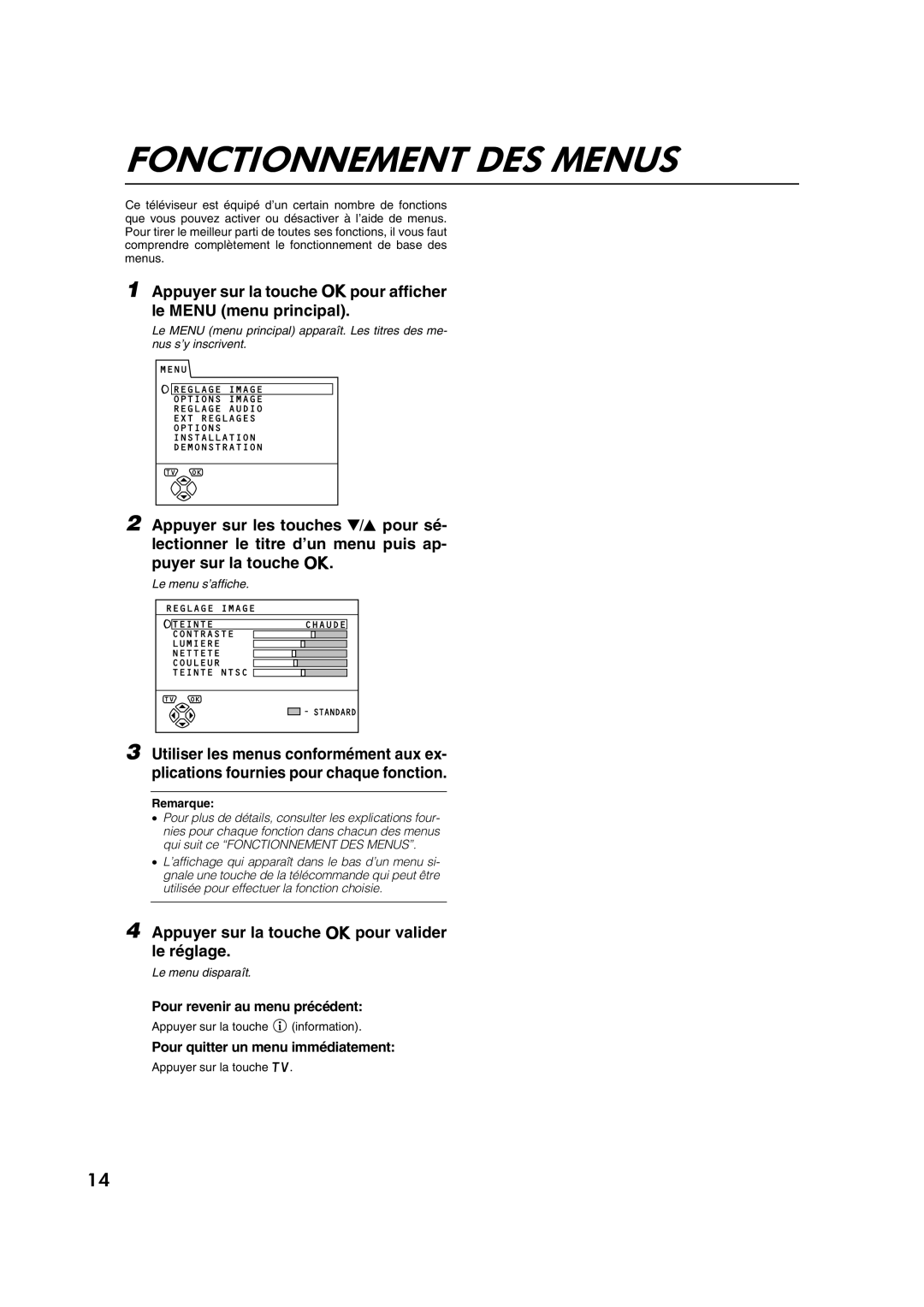 JVC AV28CT1EP manual Fonctionnement DES Menus, Appuyer sur la touche apour valider le réglage 