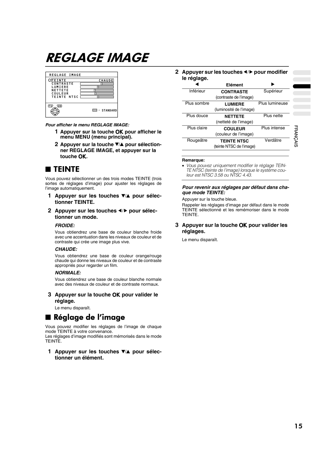 JVC AV28CT1EP manual Reglage Image, Teinte, Réglage de l’image 