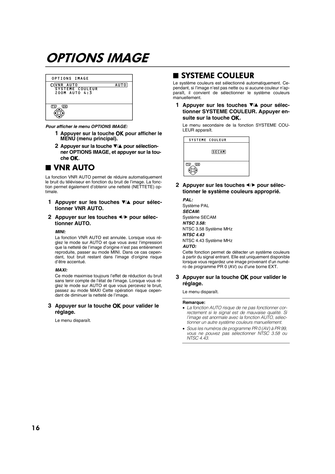 JVC AV28CT1EP manual VNR Auto, Systeme Couleur, Pour afficher le menu Options Image 