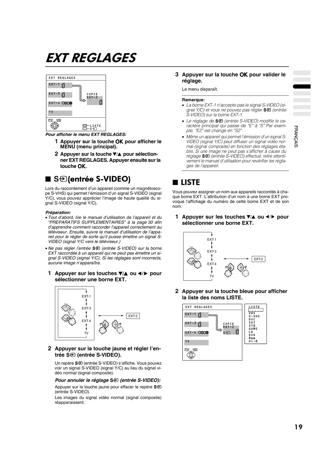 JVC AV28CT1EP manual Yentrée S-VIDEO, Pour annuler le réglage y entrée S-VIDEO, Pour afficher le menu EXT Reglages 