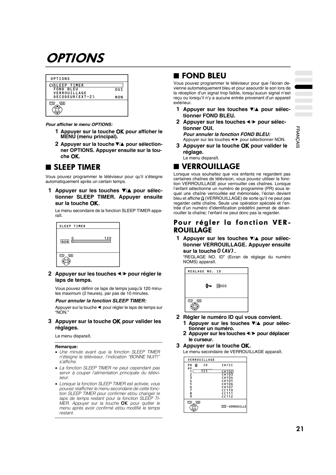 JVC AV28CT1EP manual Options, Fond Bleu, Verrouillage, Pour régler la fonction VER, Rouillage 