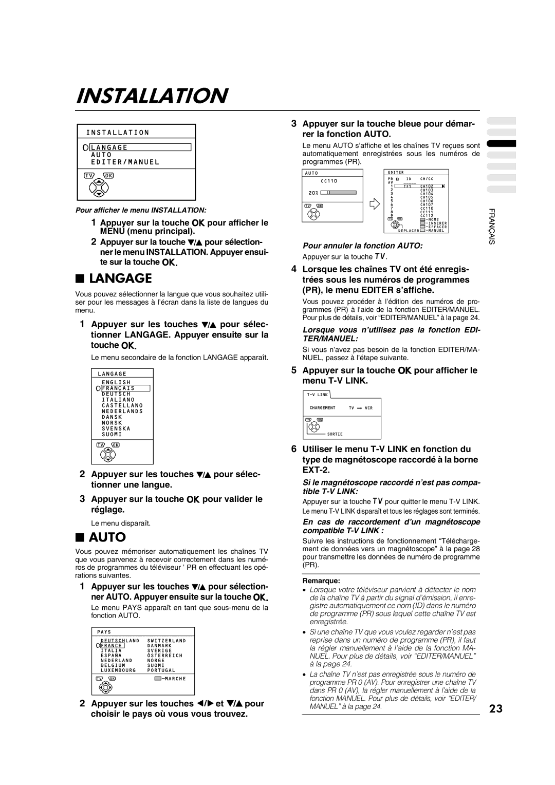 JVC AV28CT1EP manual Langage, Pour afficher le menu Installation 