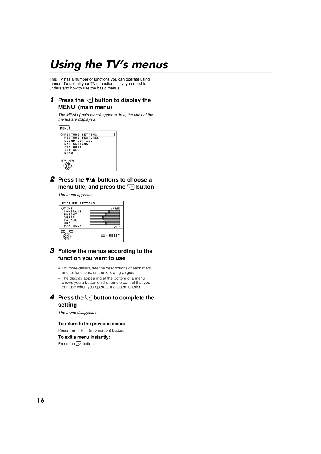 JVC AV28S2EI, AV32S2EI specifications 8VLQJ#WKH#79·V#PHQXV#, Follow the menus according to the function you want to use 