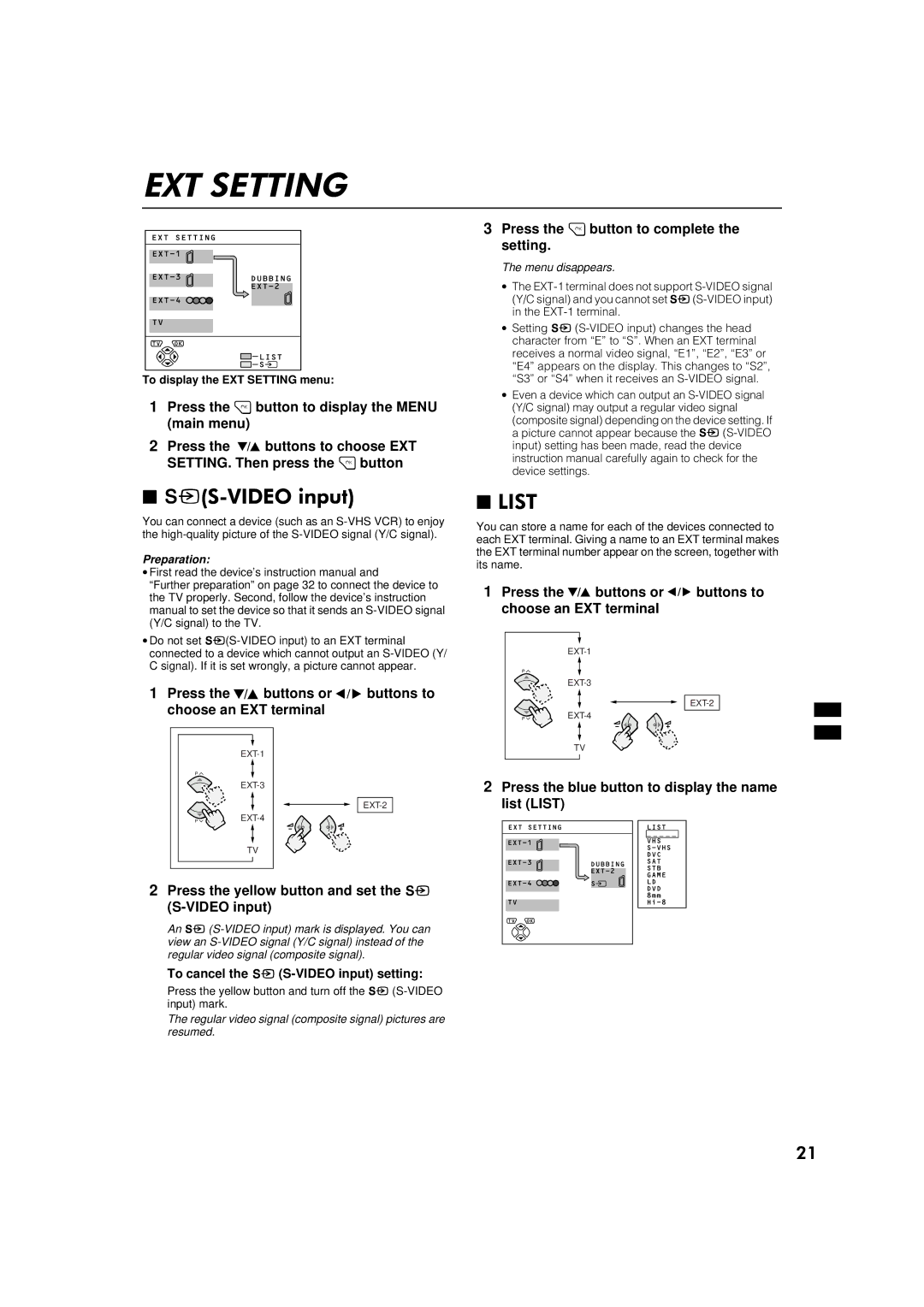 JVC AV32S2EI, AV28S2EI, AV28S2EI, AV32S2EI +609,2#LQSXW, Press the ë buttons or ì buttons to choose an EXT terminal 