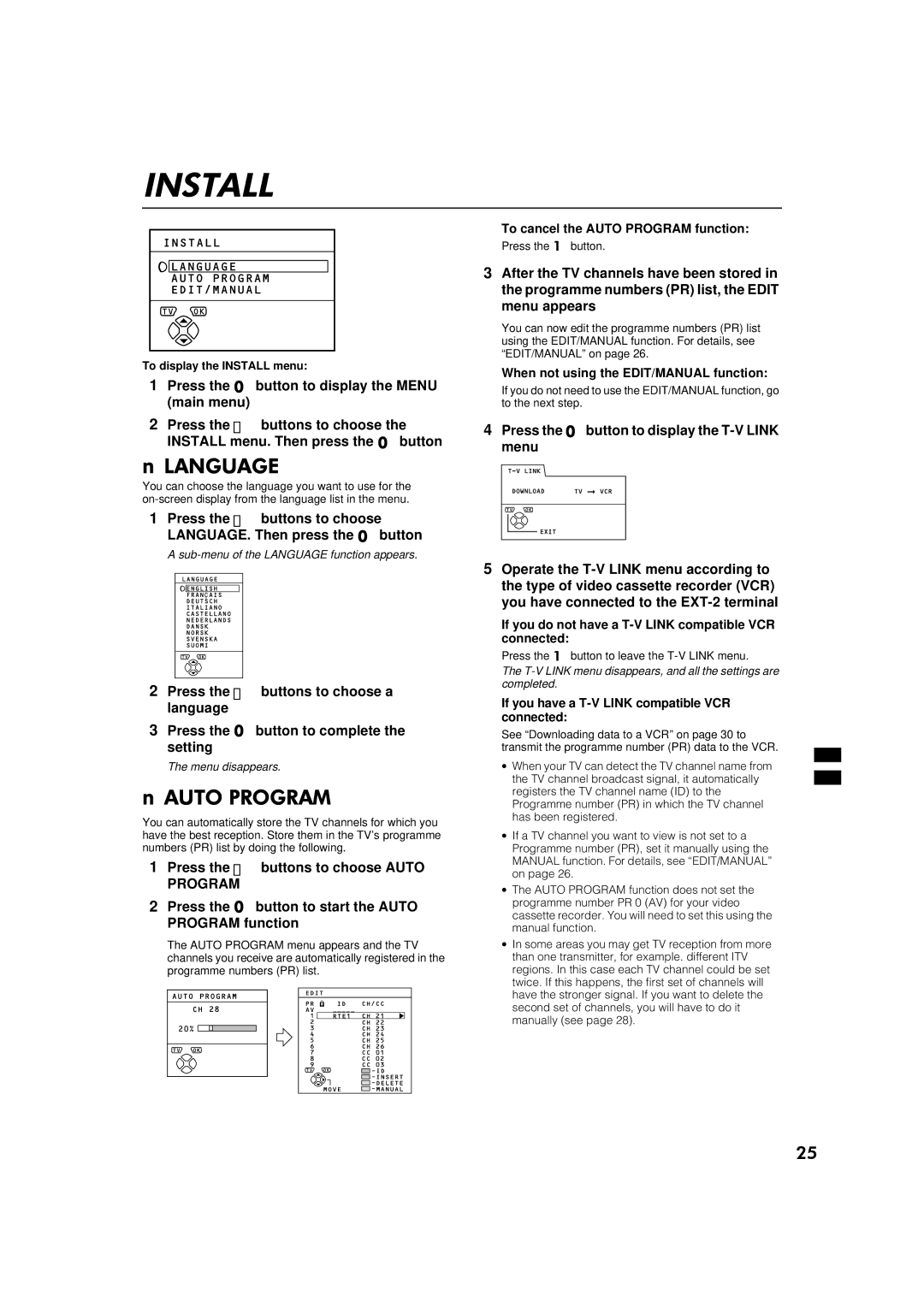 JVC AV32S2EI, AV28S2EI $1*8$, $872#352*5$0, When not using the EDIT/MANUAL function, To display the Install menu 