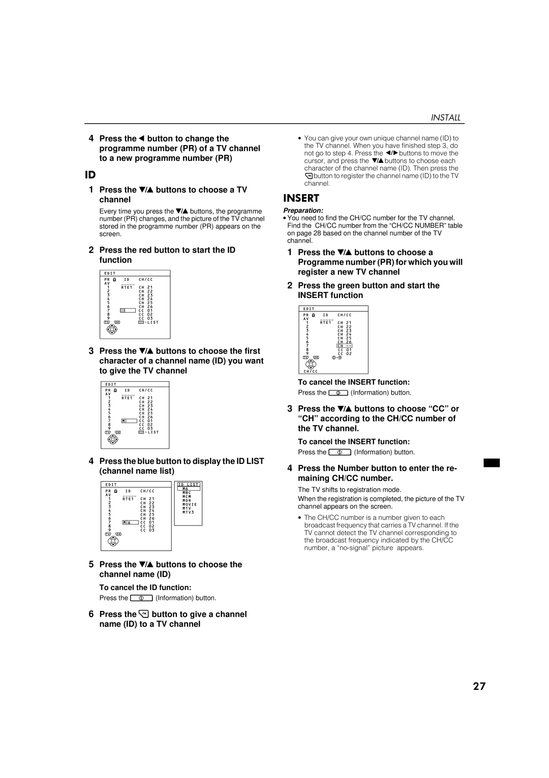 JVC AV32S2EI, AV28S2EI, AV28S2EI, AV32S2EI specifications 1657, To cancel the ID function, To cancel the Insert function 