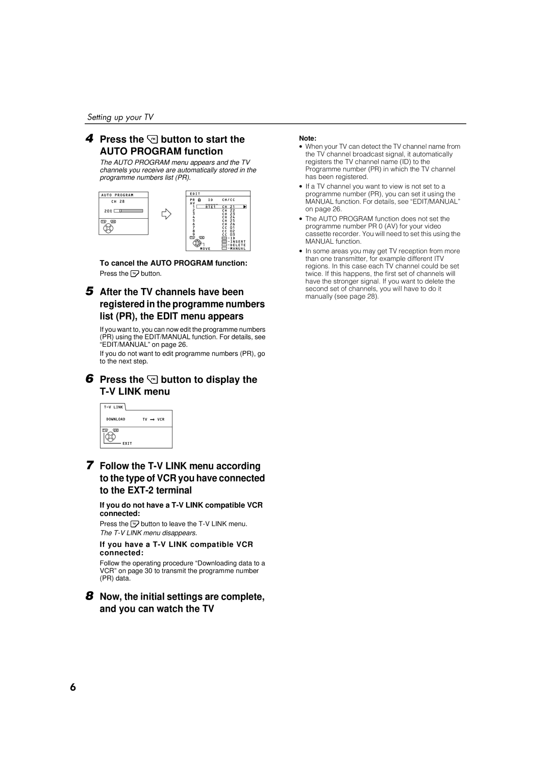 JVC AV28S2EI, AV32S2EI To cancel the Auto Program function, If you do not have a T-V Link compatible VCR connected 