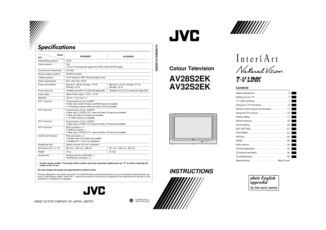 JVC AV28S2EK, AV32S2EK specifications AV28S2EK AV32S2EK, 6SHFLILFDWLRQV 