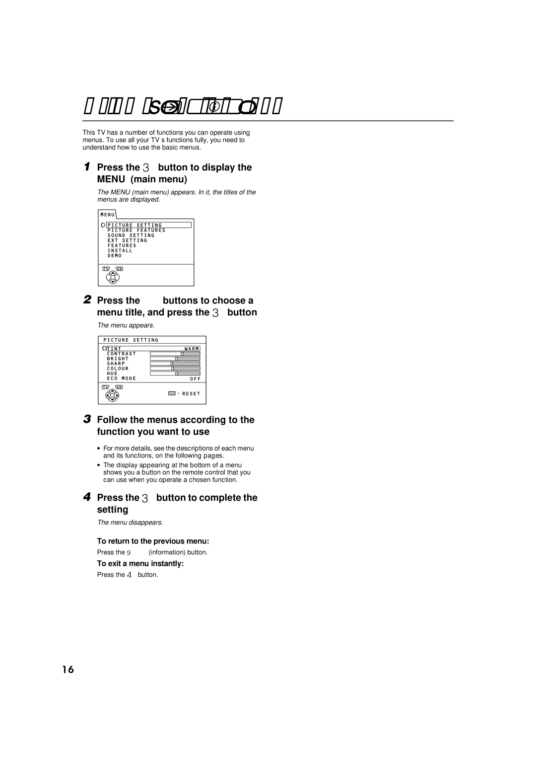 JVC AV28S2EK, AV32S2EK specifications 8VLQJ#WKH#79·V#PHQXV#, Follow the menus according to the function you want to use 