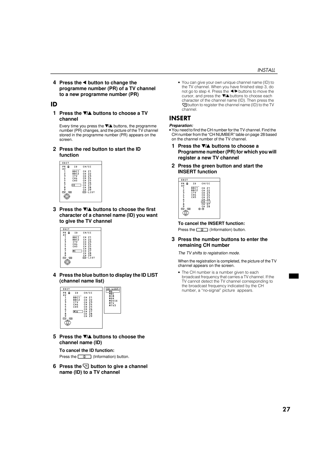 JVC AV28S2EK, AV32S2EK 1657, Press the number buttons to enter the remaining CH number, To cancel the ID function 