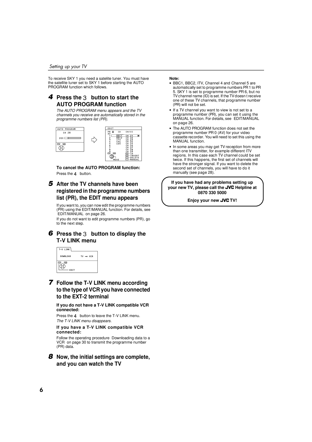 JVC AV28S2EK, AV32S2EK To cancel the Auto Program function, If you do not have a T-V Link compatible VCR connected 