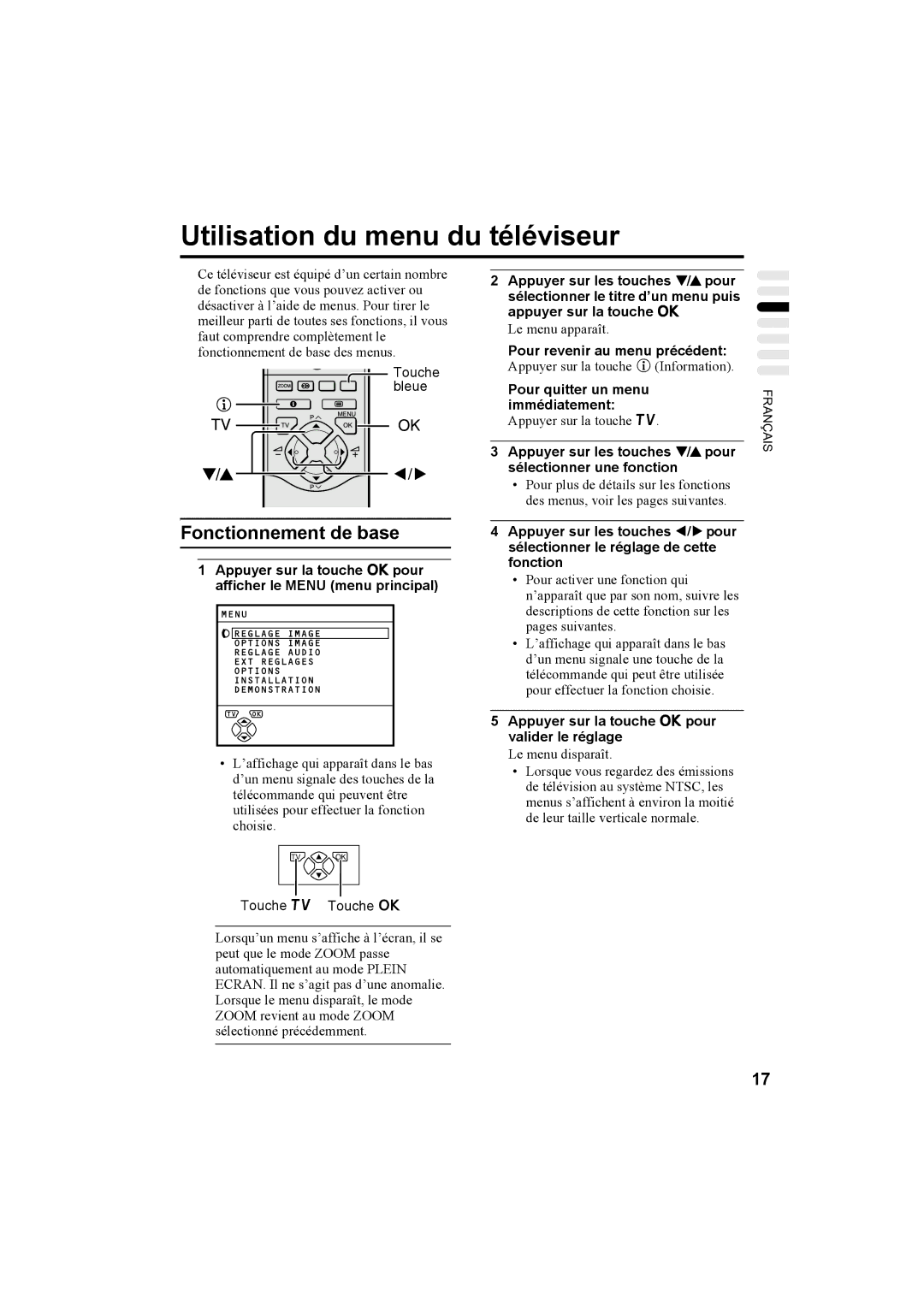 JVC AV32T20EP, AV28T20EP manual Utilisation du menu du téléviseur 