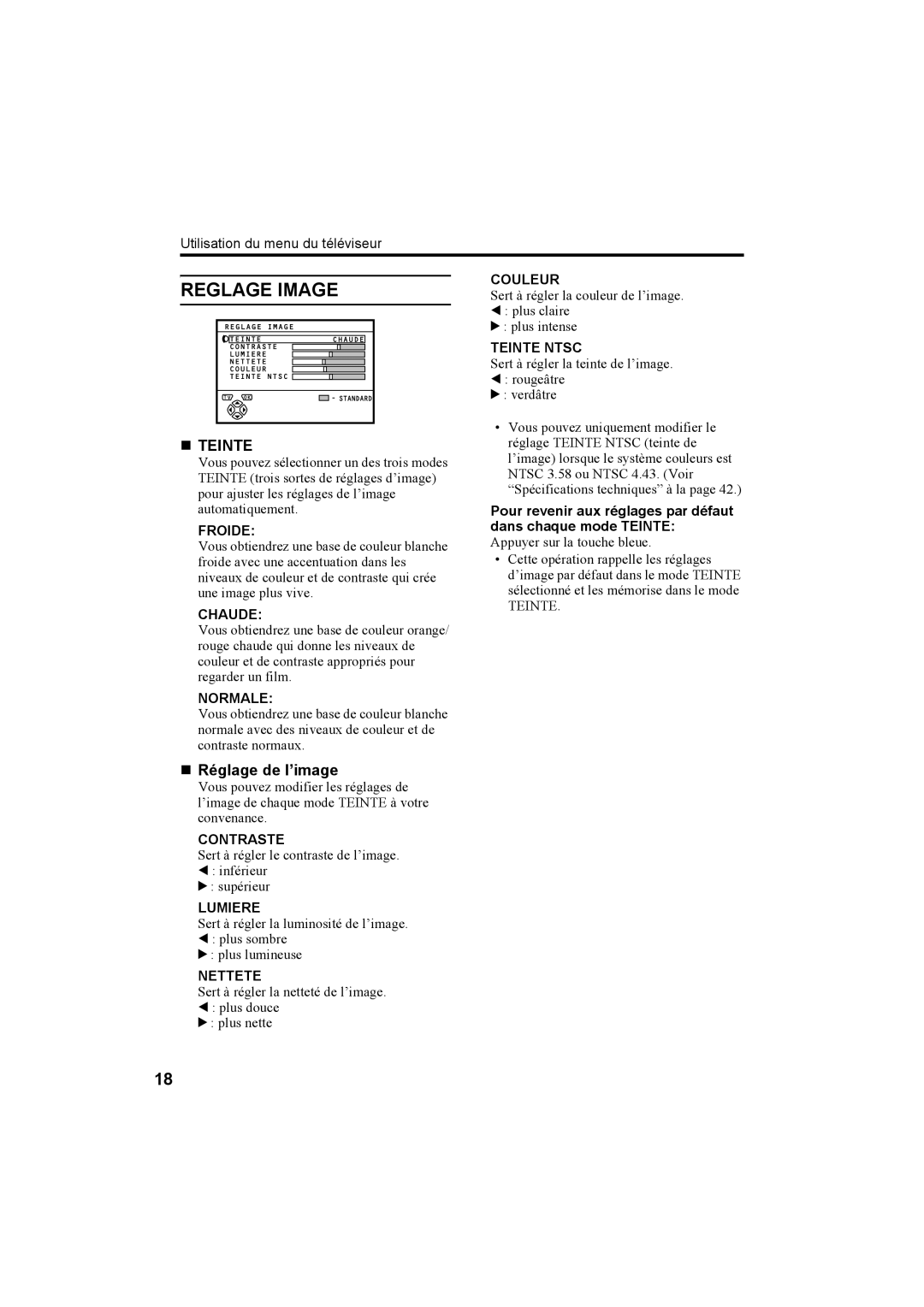 JVC AV28T20EP, AV32T20EP manual Reglage Image, „ Teinte, „ Réglage de l’image 