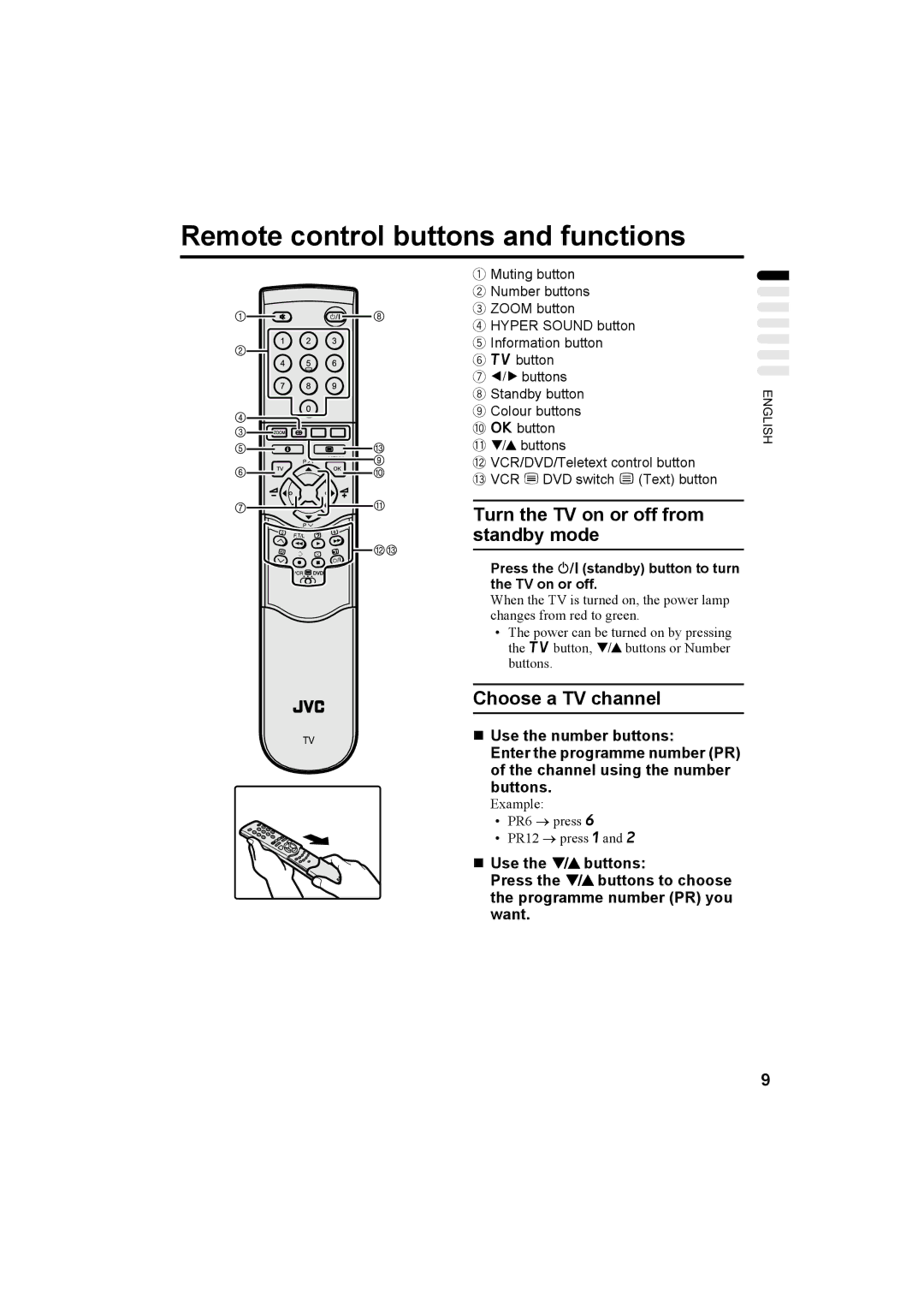 JVC AV32T20EP, AV28T20EP manual Remote control buttons and functions, Turn the TV on or off from, Standby mode 