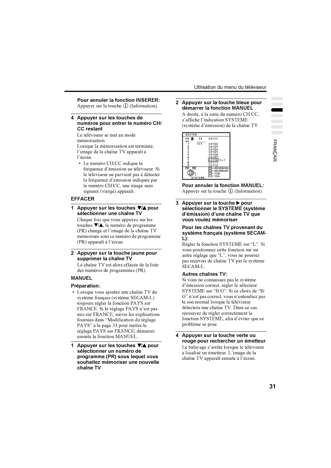 JVC AV32T20EP Pour annuler la fonction Inserer, Appuyer sur la touche jaune pour supprimer la chaîne TV, Autres chaînes TV 