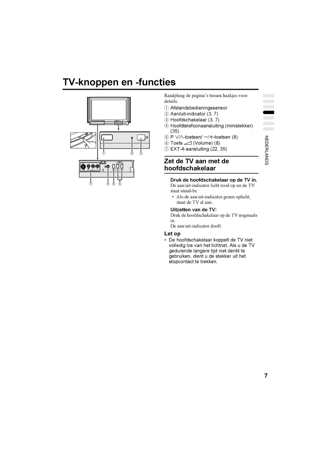 JVC AV32T20EP, AV28T20EP manual TV-knoppen en -functies, Zet de TV aan met de hoofdschakelaar, Uitzetten van de TV 