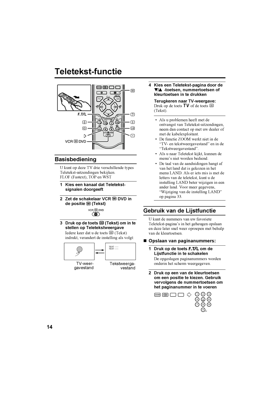 JVC AV28T20EP, AV32T20EP manual Teletekst-functie, Basisbediening, Gebruik van de Lijstfunctie, „ Opslaan van paginanummers 