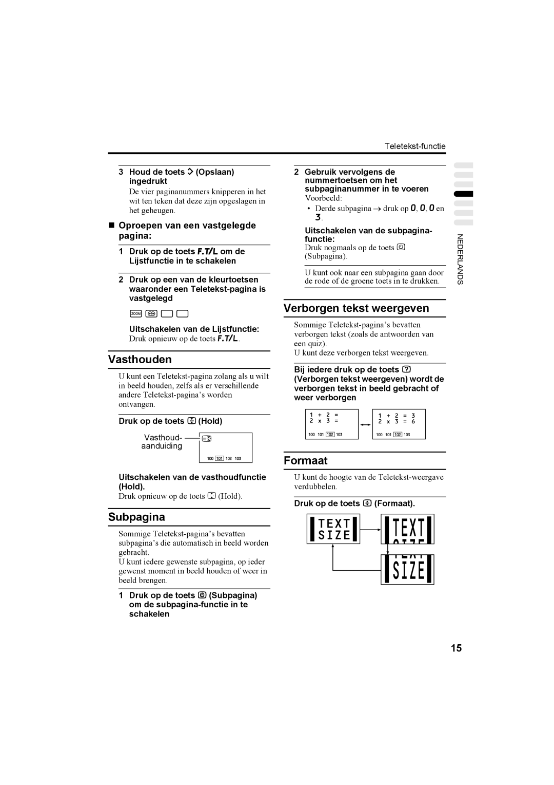 JVC AV32T20EP, AV28T20EP Vasthouden, Subpagina, Verborgen tekst weergeven, Formaat, „ Oproepen van een vastgelegde pagina 