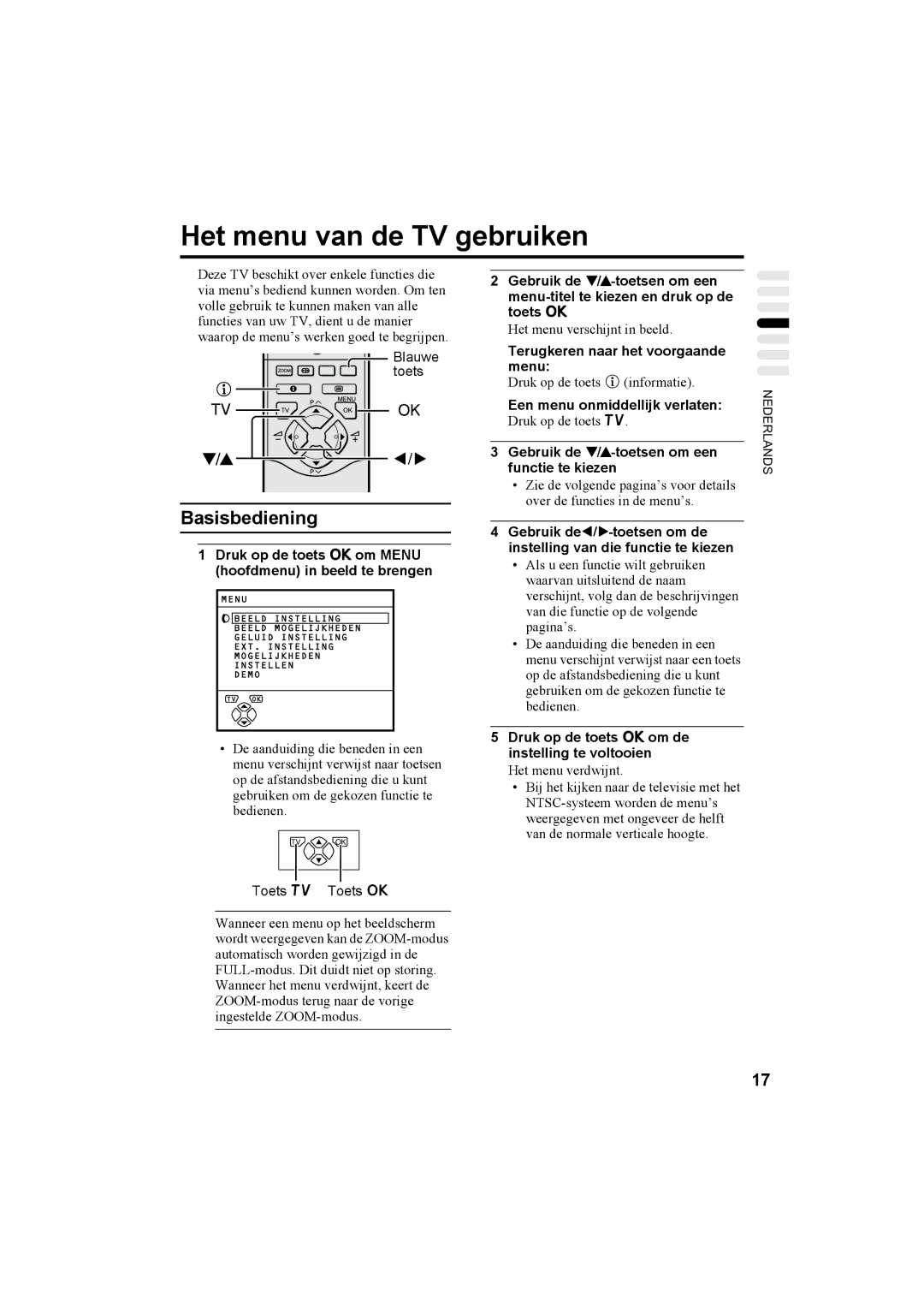 JVC AV32T20EP, AV28T20EP manual Het menu van de TV gebruiken 