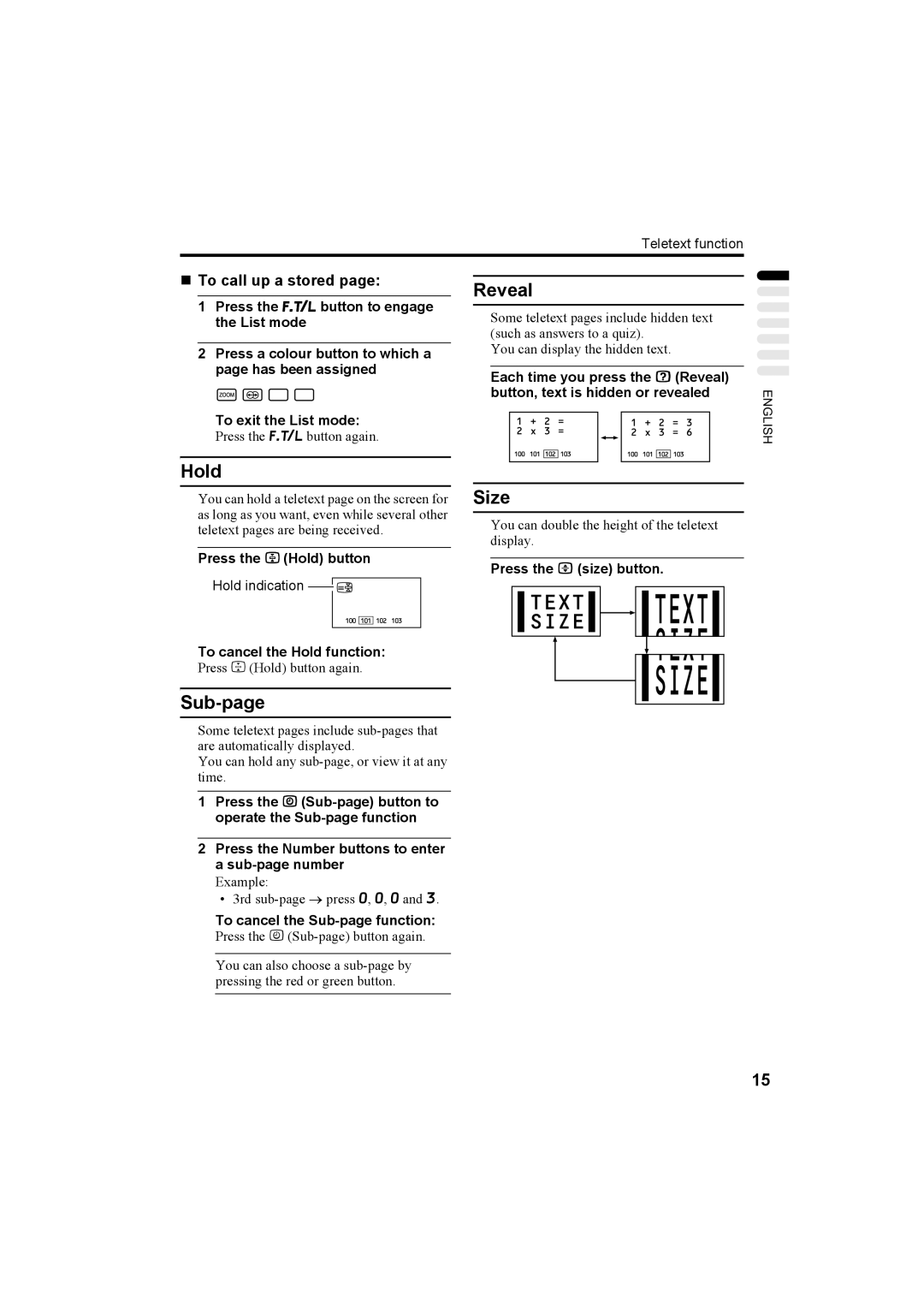 JVC AV32T20EP, AV28T20EP manual Reveal, Hold, Sub-page, Size, „ To call up a stored 