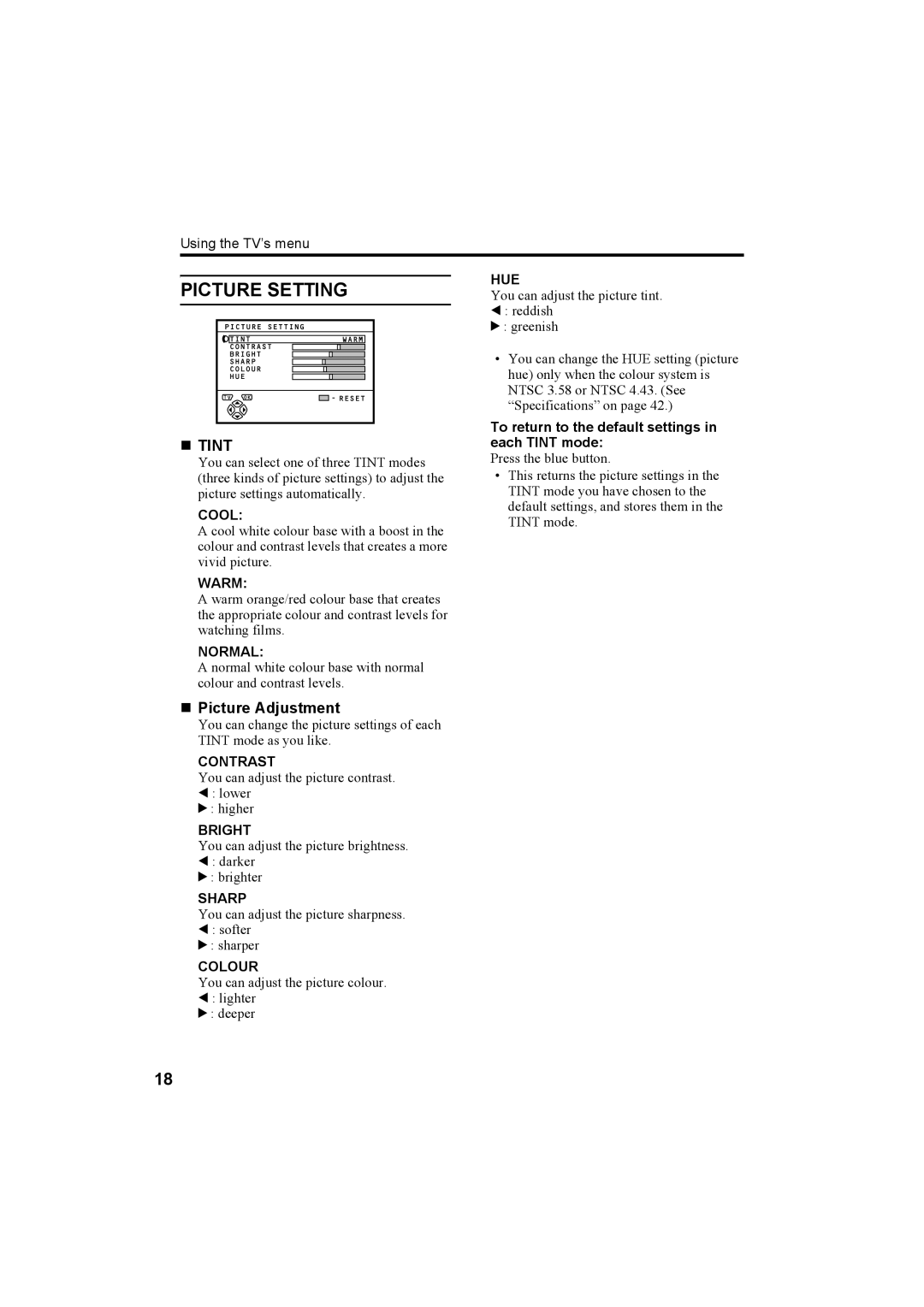 JVC AV28T20EP, AV32T20EP manual Picture Setting, „ Tint, „ Picture Adjustment 