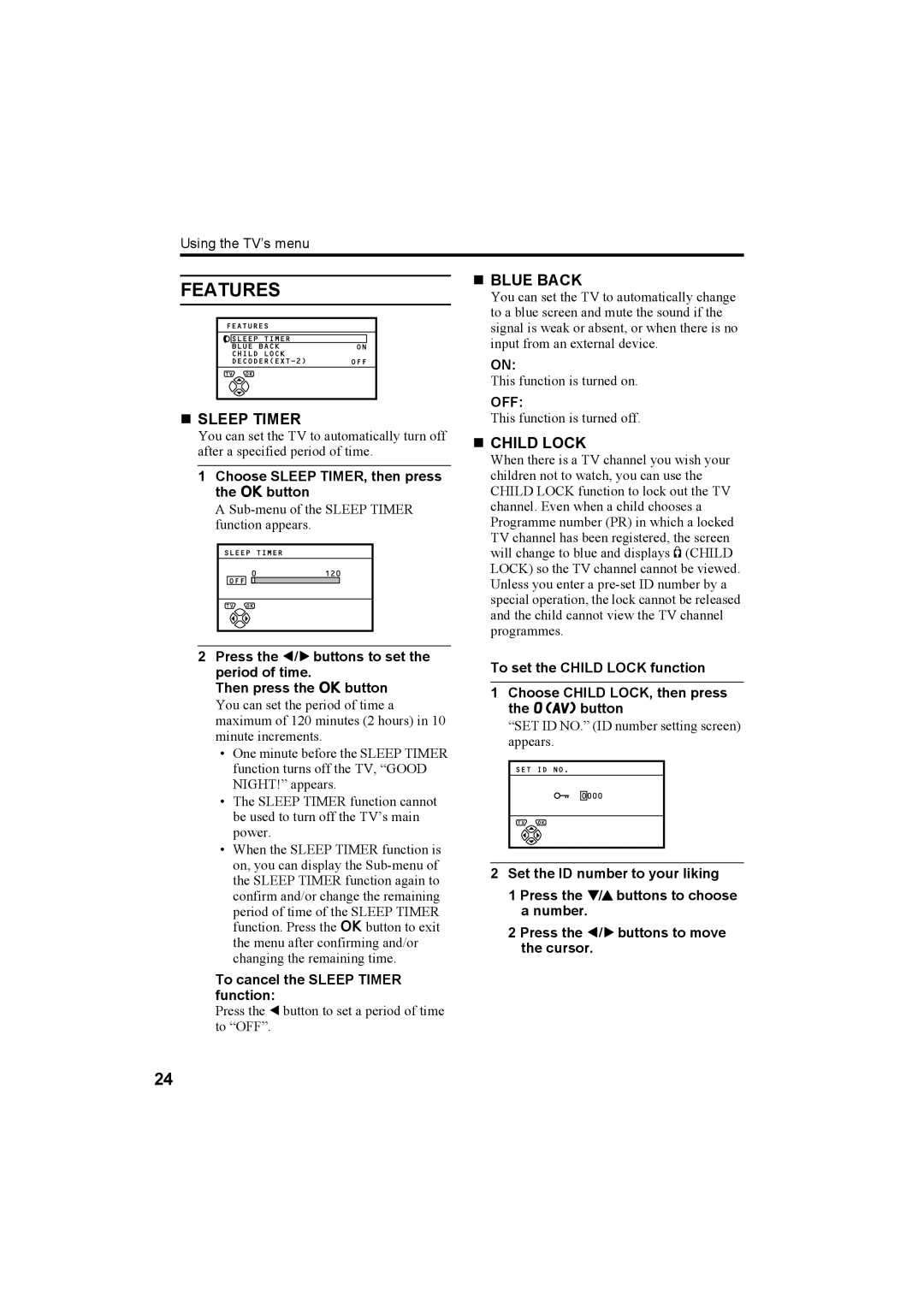 JVC AV28T20EP, AV32T20EP manual Features, „ Sleep Timer, „ Blue Back, „ Child Lock 