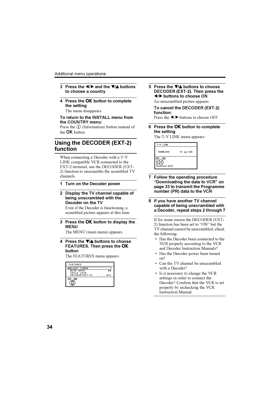 JVC AV28T20EP, AV32T20EP manual Using the Decoder EXT-2 function, To return to the Install menu from the Country menu, Menu 