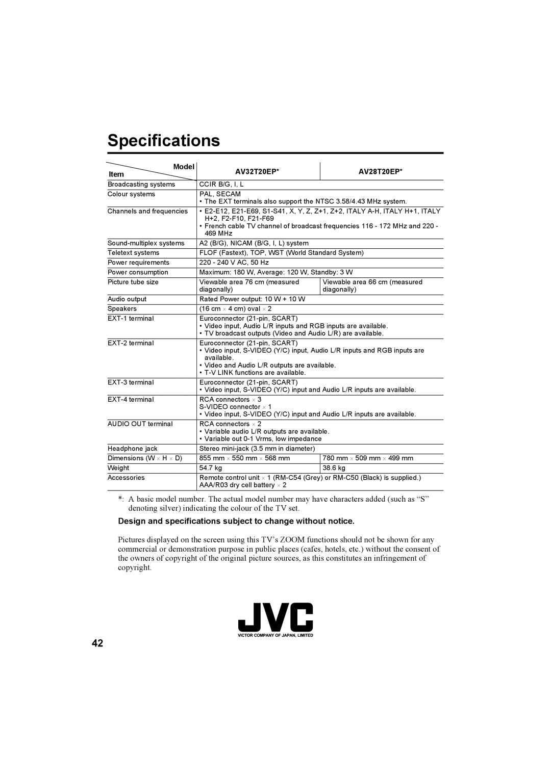 JVC AV28T20EP, AV32T20EP manual Specifications, Design and specifications subject to change without notice 