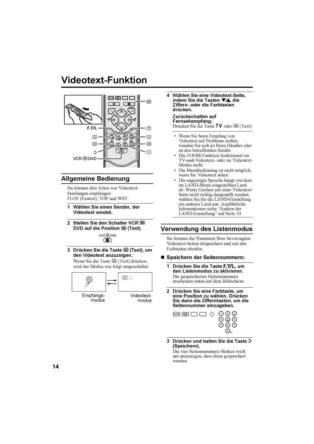 JVC AV28T20EP manual Videotext-Funktion, Allgemeine Bedienung, Verwendung des Listenmodus, „ Speichern der Seitennummern 