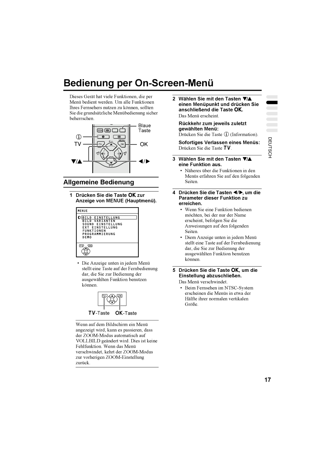 JVC AV32T20EP, AV28T20EP manual Bedienung per On-Screen-Menü 