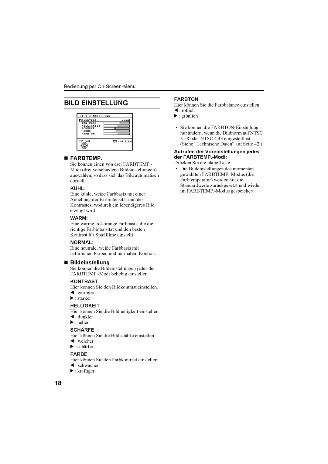 JVC AV28T20EP, AV32T20EP manual Bild Einstellung, „ Farbtemp, „ Bildeinstellung 